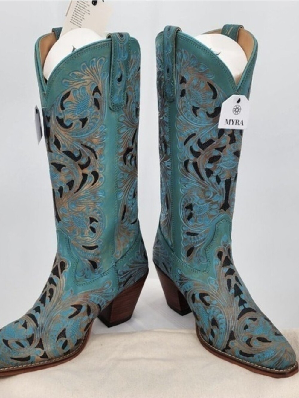 Myra Bag Kasiopeah Turquoise Hand Tooled Leather Western Cowboy Boots Size 9 NWT - Picture 5 of 7
